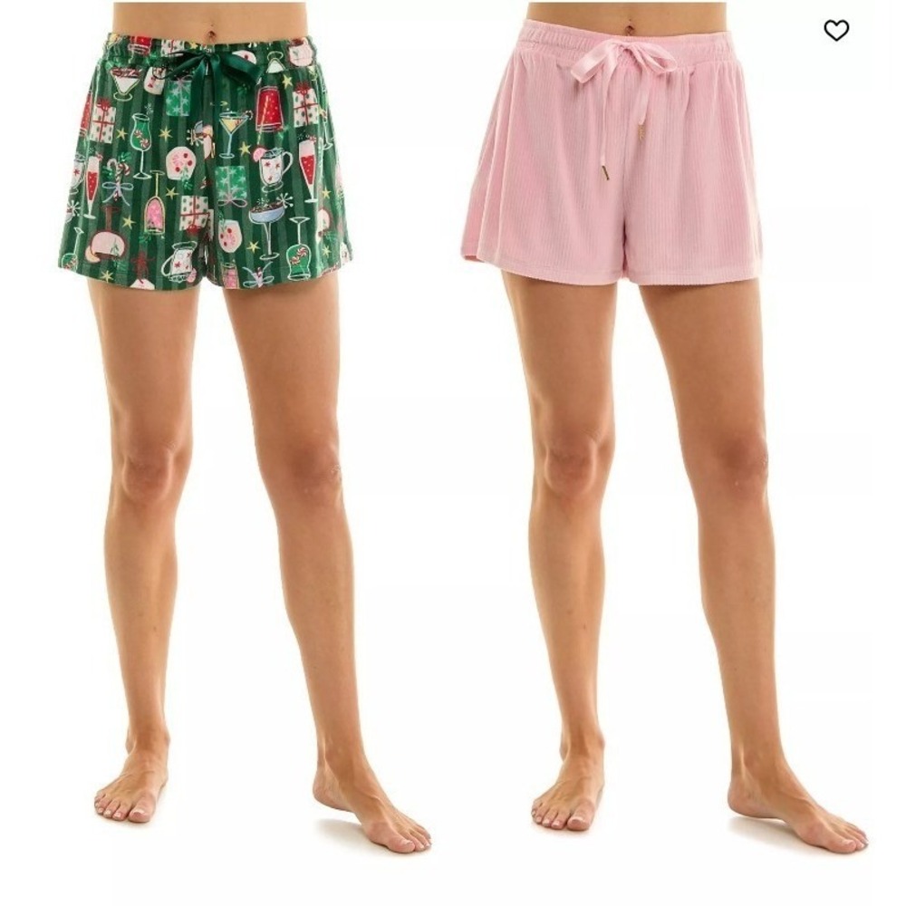 Set of 2 Holiday Pajama Shorts Green Christmas Cocktail Print & Pink Ribbed Knit